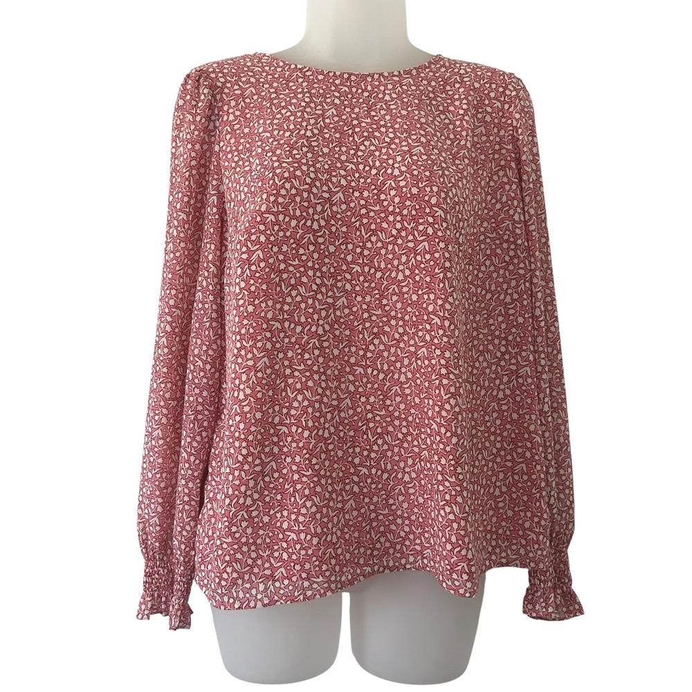 J.Crew Factory Pink Ditsy Floral Lined Ruffle Sleeve Keyhole Blouse S Small